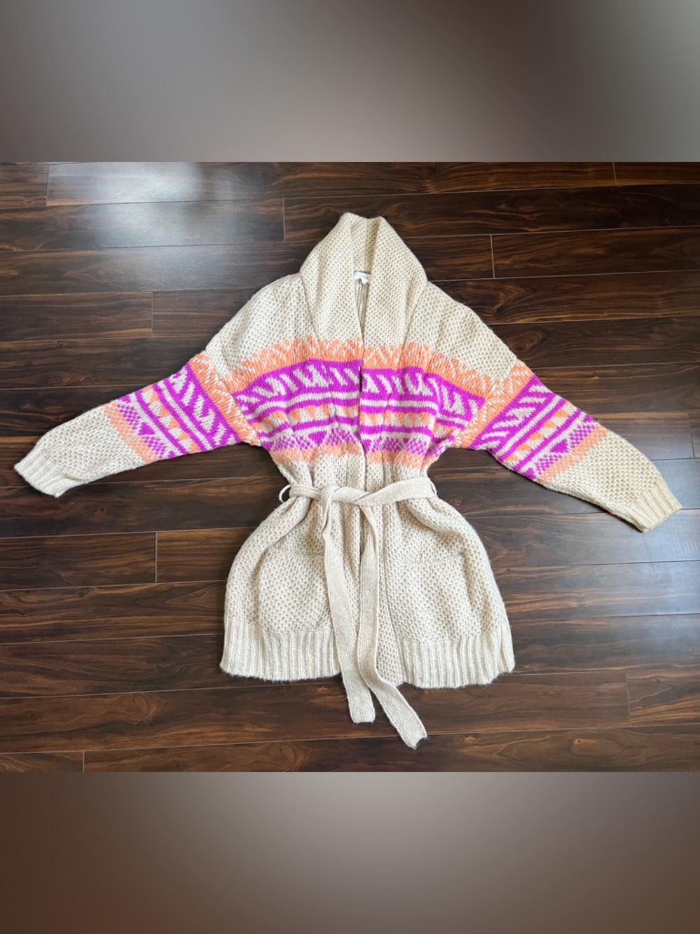 XiRENA Carmella Beige Belted Cardigan with Pink & Orange Geometric Design, XL - Picture 2 of 7